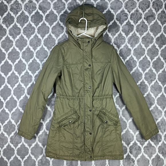 Hollister Olive Green Sherpa Lined Coat Women Medium Hooded Parka Jacket Y2K - Picture 2 of 9